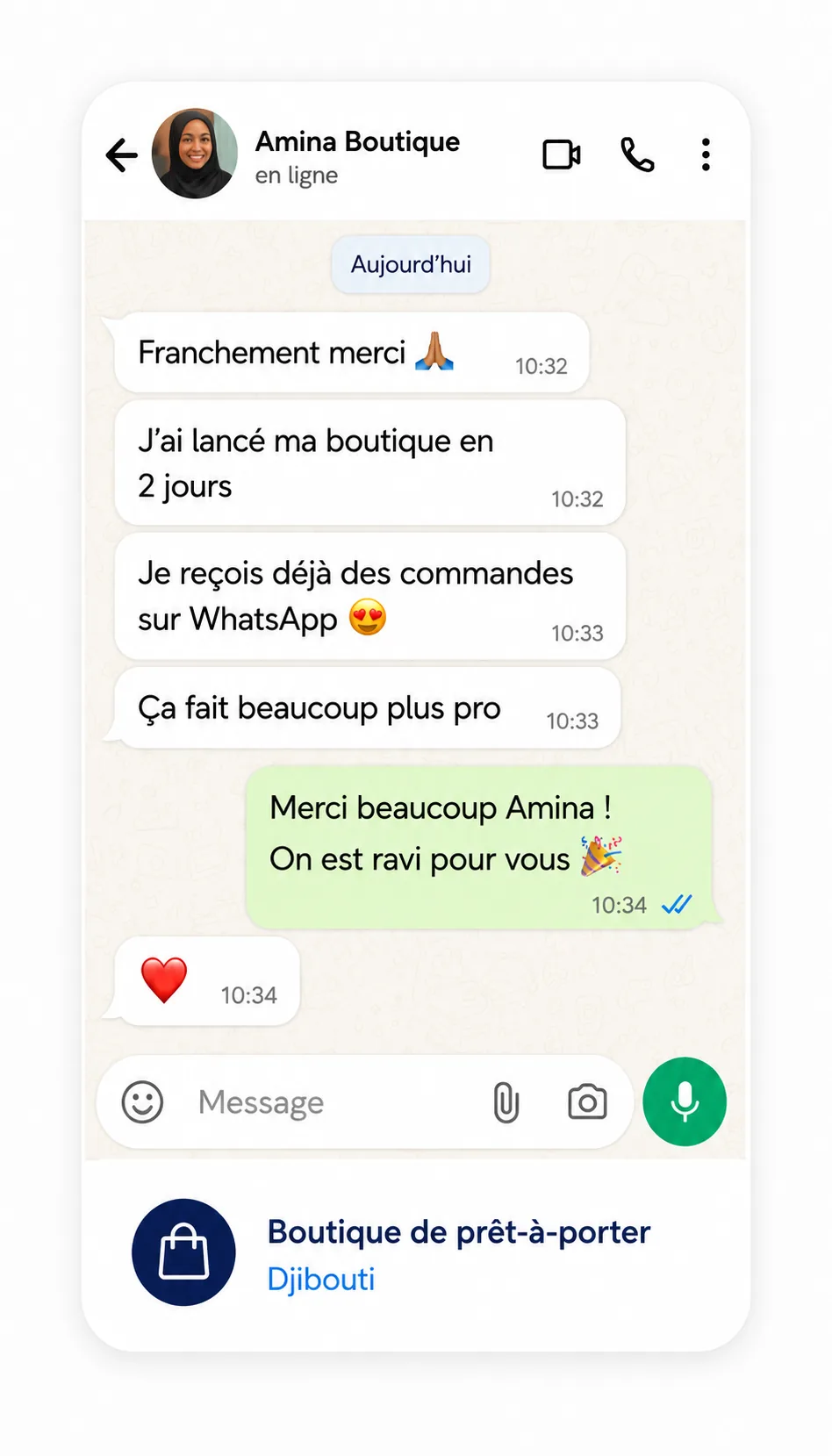 Capture d'écran de messages de satisfaction client reçus sur WhatsApp pour la création de leur site web par Weltizone